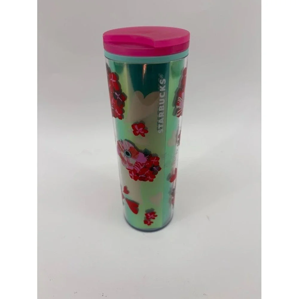 Starbucks 16oz Tumbler Pink And Red Flowers And Hearts‎ On Green NEW